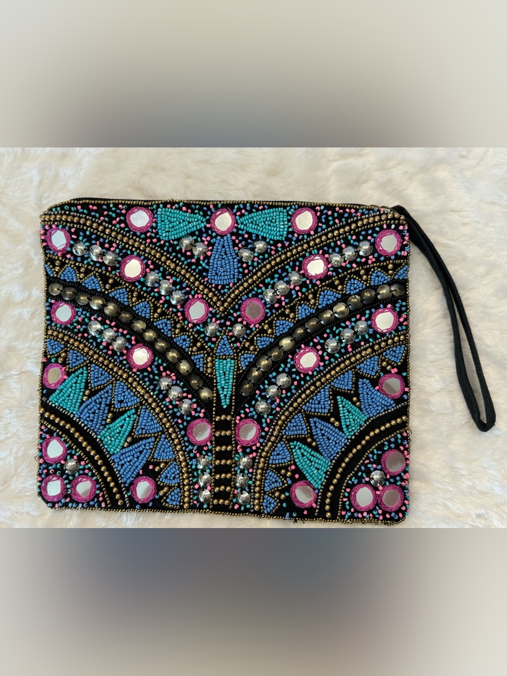 Embellished Beaded Wristlet Clutch in Black, Blue & Teal by Clements Riberio